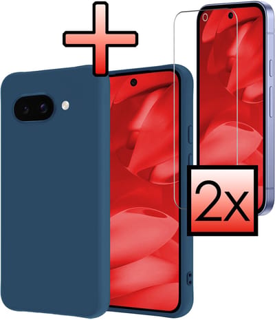 Hoesje - Met 2x Screenprotector - Geschikt voor Google Pixel 9a - Sterk & Shockproof - Back Cover - Siliconen Case - Telefoon Hoes - Donkerblauw
