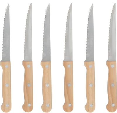 Gerimport Steakmessen / vleesmessen bestek - 6x stuks - 21 cm - houten handvat - scherpe messen