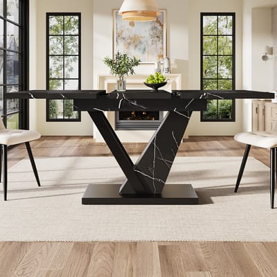 MODFU Uitschuifbare Eettafel - Marmerlook - Modern - Voor Keuken - MDF En Metaal - Zwart - 120-160 X 75 X 75,5 Cm