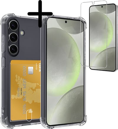 Hoesje Geschikt voor Samsung Galaxy S24 - Met Screenprotector - En Pashouder - En Kaarthouder - Telefoon Hoes Shockproof - Siliconen Case - Back Cover - Shock Proof - Pasjes Houder - Transparant