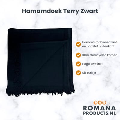 Romana Products Terry Hamamdoek - Baddoek - Strandlaken - Saunalaken - 100cm x 170cm - Zwart