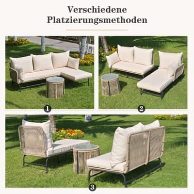 L-vormige Loungeset 187x58x78 cm voor Buiten – Verstelbare Rugleuning, Handgeweven Rotan Tuinmeubelset met 8 cm Dikke Kussens – 2-zitsbank en Ligstoel – Weerbestendig, UV-bestendig en Comfortabel – Laura
