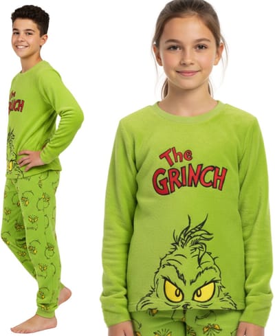 Grinch TWEE-DELIGE jeugd pyjama, WARME POLAR pyjama met lange mouwen VOOR DE WINTER, FEESTELIJK