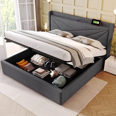 Sweiko Gestofferd bed Tweepersoonsbed Opbergdoos met USB Type-C oplaadfunctie Hoofdbord, opbergbed Linnenmateriaal bedstead 160x200cm jeugdbed met Flat noedels grille Grijs (geen matras)