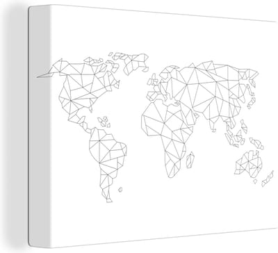 Canvas Wereldkaart - 40x30 - Wanddecoratie Wereldkaart - Line Art - Topografie