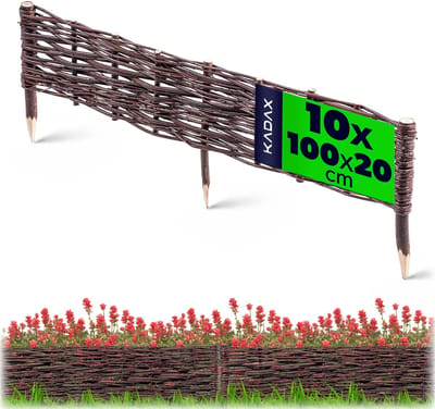 KADAX Palissade van wilgentenen, natuurlijk wilgenhek, handgemaakt wilgenvlechthek, tuinhek voor paden en bloembedden, omheining gazonrand (10 stuks 100 x 20 cm)