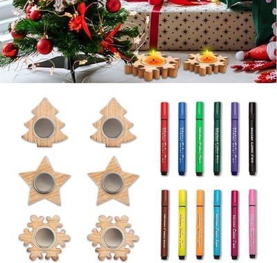 Theelichthouder voor Kerstmis, 6 stuks, houten theelichthouders met stiften, 12 kleuren, personaliseerbaar, kaarsenstandaard, houten tafeldecoratie voor Kerstmis, woonkamerdecoratie