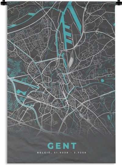 Wandkleed - Wanddoek - Kaart – Plattegrond – Stadskaart – Gent – België - Grijs - 120x180 cm - Wandtapijt
