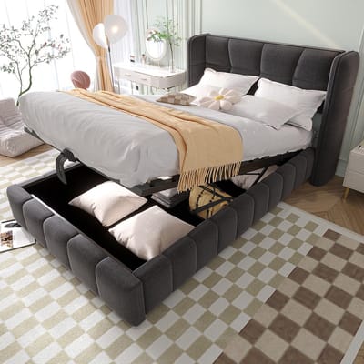 BLACKCOLORS Gestoffeerd bed 90 x 200 cm, kinderbed met lattenbodem, hoofdeinde en pneumatisch opbergsysteem, linnen frame, geschikt voor kinderen en tieners, grijs