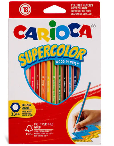 CARIOCA SUPERCOLOR Kleurpotloden - 18 heldere kleuren - Zeshoekig - Houten kleurpotloden - Sterke kern - Gemakkelijk te slijpen