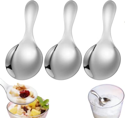 3 stuks - Ronde lepel met korte steel - Ronde lepel met korte steel van roestvrij staal - Minilepel - Dessertkruidenlepel - Zilver - Roestvrijstalen lepel met korte steel - Kruidenlepel - Dessertlepel - Mini snoeplepel