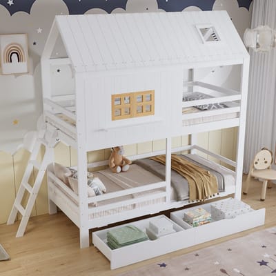 Wishdor Stapelbed 90x200 cm - Met raam, dak & 2 lades - Massief hout en MDF - Wit en naturel - Gedeelde fantasiewereld voor broers en zussen