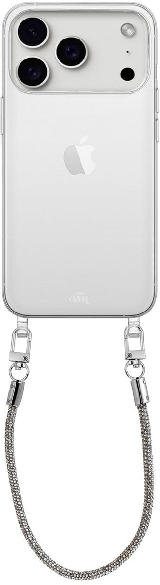 xoxo Wildhearts siliconen hoesje - Geschikt voor iPhone 17 Pro Max - Silver Diamonds - Telefoonhoesje - Hoesje met koord - telefoonkoord - Transparant hoesje - Diamanten ketting - diamant - steentjes - Zilver