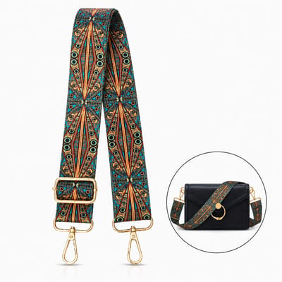 Luxamore Tassenriem met Pauwkleur – Verstelbare Schouderband / Bag Strap – Blauw, Groen & Turquoise – Goudkleurige Gesp
