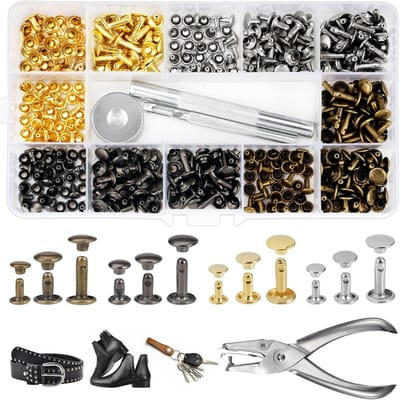 Klinknagelset van leer met 180 metalen klinknagels en tang - 12 mm, 8 mm, 6 mm - holle klinknagels voor kleding en leerbewerking