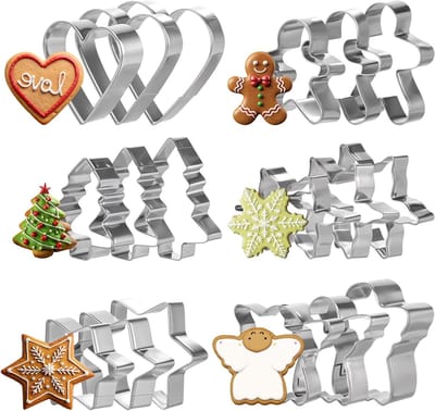 Set van 18 Mini Kerst Koekjesuitsteekvormpjes van RVS voor Bakken, inclusief Kerstboom, Peperkoekman, Sneeuwvlok en Ster vormen