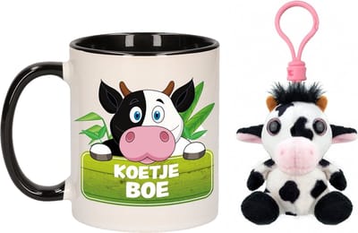 Cadeau set kind - Koe sleutelhanger knuffel 9 cm en drinkbeker 300 ml