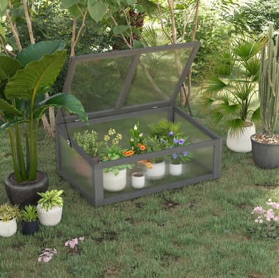 MEUNIQ kweekbak met deksel 100 x 65 x 40 cm van hout, mini kas met transparante polycarbonaatplaat en ventilatie voor tuin, grijs