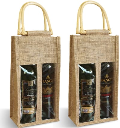 Dailygoods- Wijnfleszak 2 stuks - Dubbele Wijntas met Venster - Herbruikbare Jute Wijnzak - Cadeautas voor Bruiloft/Verjaardag - Handvat voor Gemakkelijk Transport