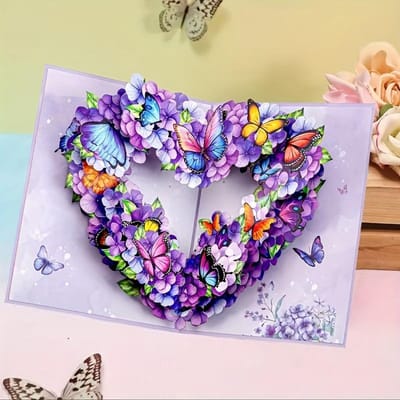 Pop-Up Vlinder Hartvormige Bloemenkrans Wenskaart voor Verjaardagen, Moederdag, Bruiloften, Jubilea, Thanksgiving - Ideaal Cadeau voor Vrienden paars