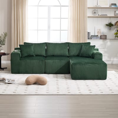 MODFU Modulaire Bank - Met Chaise Longue En 2-Zits - Opbergvakken En Bekerhouders - Cord - Smaragdgroen - 257 x 90-160 x 62 cm