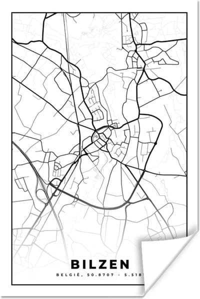 Poster Stadskaart – Plattegrond – België – Zwart Wit – Bilzen – Kaart - 120x180 cm XXL