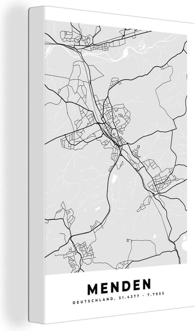 Canvas Schilderij Kaart - Plattegrond - Duitsland - Menden - Stadskaart - 20x30 cm - Wanddecoratie