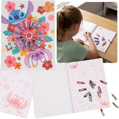 DISNEY Stitch Angel Creatieve kleur- en schrijfset voor kinderen, notitieboekje + 12 mini-waskrijtjes
