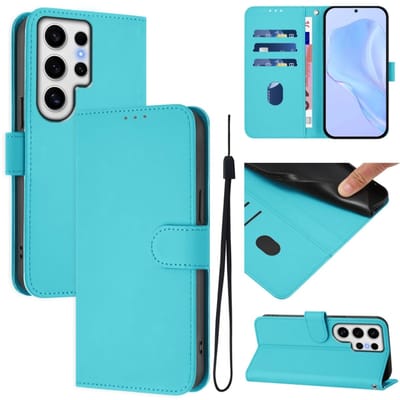 Telefoonhoesje van effen leer met een soepele textuur en draagkoord voor Samsung Galaxy S24 Ultra 5G (meerblauw).