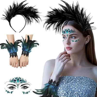 Natuurlijke Veren Kostuum met Polsbanden, Veren Hoofdband en Tattoo voor Halloween, Cosplay en Feestjes in Lake Blue en Zwart