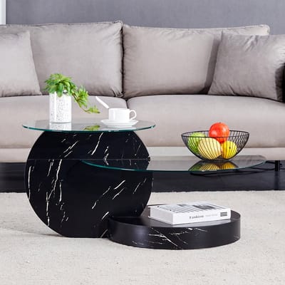 DESMIU Salontafel Met Meerdere Niveaus En Geharde Glazen Bladen Voor Woonkamer En Interieur MDF En Glas Zwart Transparant 69,8 En 49,8 Cm