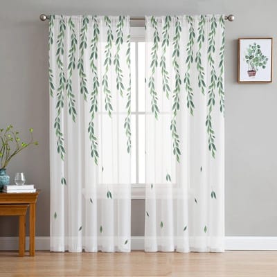 Groene Bladeren Plant Tule Gordijnen Woonkamer Keuken Chiffon Gordijn Slaapkamer Balkon Transparant Gordijn Mode Woondecoratie 135W x 137H(cm)