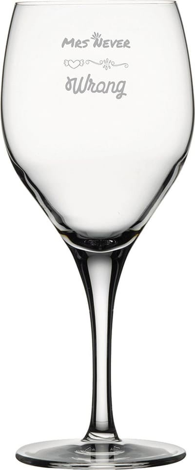 Gegraveerde rode wijnglas 42,5cl Mrs. Never wrong