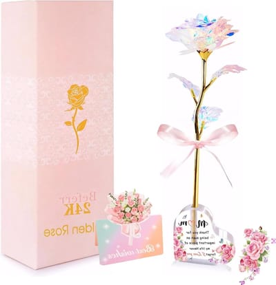 Regenboog Roos Cadeau - Eeuwige Bloem - Cadeau Vrouwen - Hartvormige Basis - 27 cm Hoog - Kleurrijk