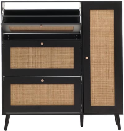 Rotan schoenenrek MCW-M37, schoenenrek/schoenenkast, 3 kantelbare vakken, 2 legplanken, 127x120x24 cm, hout met melamine-afwerking ~ zwart
