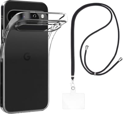 Set met hoesje en nekband voor iphone 14 pro max - Flexibele, transparante TPU-bescherming, verstelbare universele nekband voor mobiele telefoons, zwarte nekband, transparante draagriem van Phonillico®