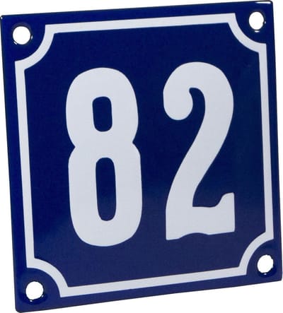 Emaille huisnummer blauw/wit nr. 82 10x10cm