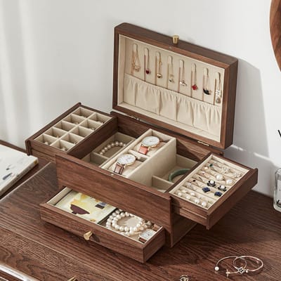 Sieradenbox voor Dames, Multifunctionele Organizer met 3 Lades, Opbergdoos voor Horloges, Kettingen, Ringen en Oorbellen, Zwart Walnoot, Perfect Cadeau voor Haar