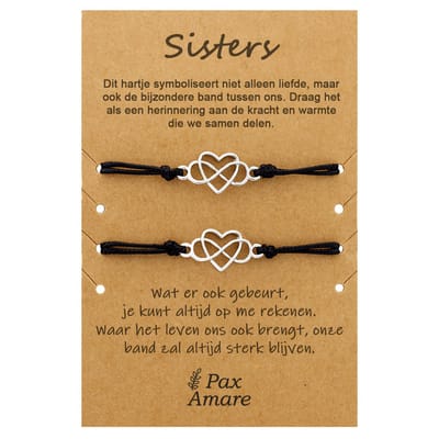 BFF Armbandjes voor 2 Sisters met Oneindigheidsteken & Hart - Zilverkleurig - Persoonlijk Cadeau Kaartje - Vriendschap Cadeau - Pax Amare