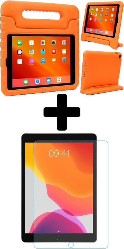 Hoesje - Geschikt voor Apple iPad 7 (2019) - 10.2 inch - 7e Generatie - Met Screenprotector - Kinderhoes - Shockproof Bumper - Kidsproof Case - Tablethoes - Kinder Hoes Cover - Oranje