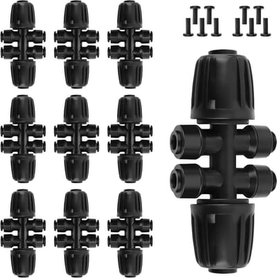 10 Stuks 1/2'' naar 1/4'' Barbed Wire Tee Snelle Aansluitingen voor Drip Irrigatie, 6-Weg Fittingen met 4 Stuks Pluggen, Anti-Lek Drip Irrigatie Onderdelen voor Tuin en Irrigatiesystemen