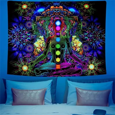 7 Chakra Energieveld Wandkleed Meditatiekamer Blacklight UV Reactief Yoga Decoratie Sterrenhemel Mystieke Kunst Achtergronddoek 90x150 cm