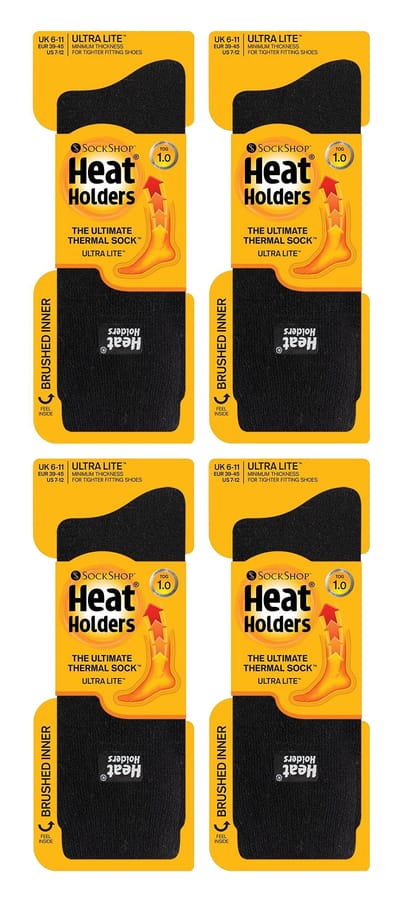 Heat Holders Ultra Lite - 4 Paar Multipack Heren Thermosokken | Ultra Dunne Warme Sokken voor Dress Socks in de Winter - Zwart