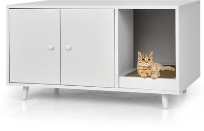 COSTWAY 2-in-1 bijzettafel en kattenkast met krabplank, kattenbak, koffietafel, kattenhuis, kattenbak, hout, 90 x 50 x 50 cm (wit)