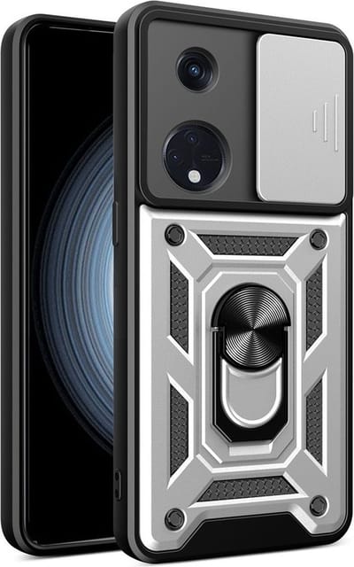 MobyDefend Hoesje - Geschikt voor Oppo Reno8 T - Pantsercase Met Draaibare Ring - Zilvergrijs