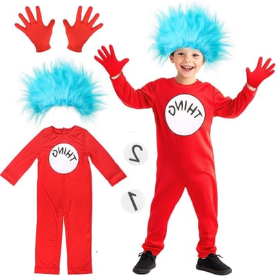 Thing 1 en Thing 2 Kostuum voor Kinderen - Jumpsuit en Perucas voor Wereld Boek Dag 2025 - Creatieve Verkleedideeën voor Jongens en Meisjes