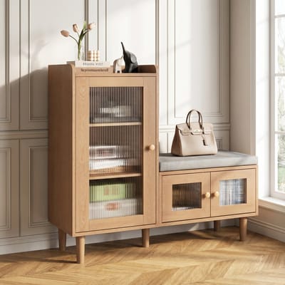 Schoenkast, Schoenbank Hal, Schoenopbergbank met Zitje, Schoenopbergbank met 3 Deuren, Schoenrek Thuisgebruik, Geschikt voor Ouderen, Kinderen en Zwangere Vrouwen (Natuurlijke Houtkleur)
