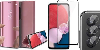 Hoesje geschikt voor Samsung Galaxy A13 4G - Book Case Spiegel Wallet Cover Hoes Roségoud - Full Tempered Glass Screenprotector - Camera Lens Protector