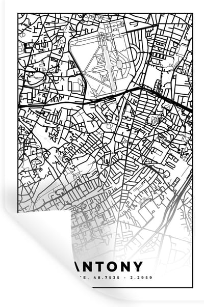 Muurstickers - Sticker Folie - Stadskaart - Antony - Frankrijk - Kaart - Plattegrond - Zwart wit - 20x30 cm - Plakfolie - Muurstickers Kinderkamer - Zelfklevend Behang - Zelfklevend behangpapier - Stickerfolie