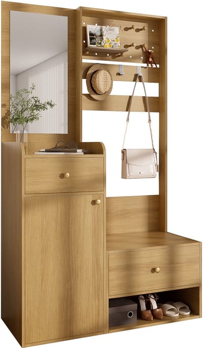 Halkasten - 105x35x40 cm - Kompaktgarderobe Modern Multifunctioneel Ingangsrek Met Spiegel, Verstelbare Haken, Ruime Planken Voor Schoenen En Kleding - Hout - Houtkleur